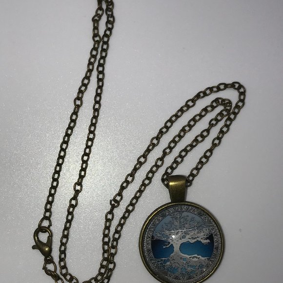 18" Blue Tree and Reflection Brass Necklace - Picture 2 of 5